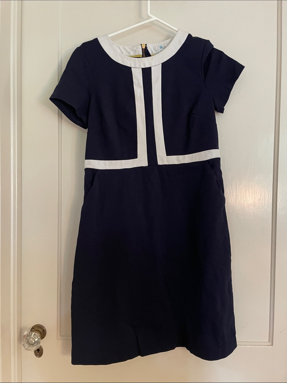 Boden Navy Dress with White Neckline and Yellow Trim